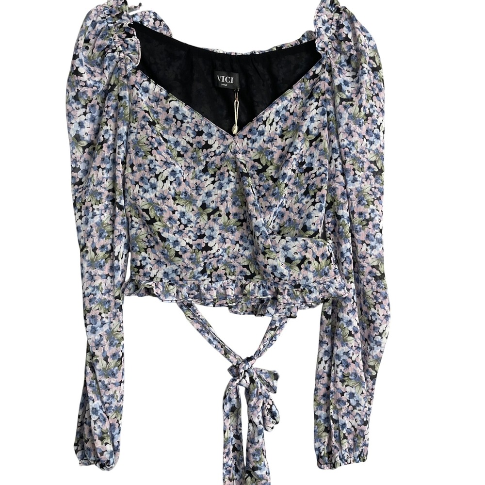 New Vici X Fate Floral Wrap Top Women L Purple Blue Puff Sleeve Chiffon Feminine